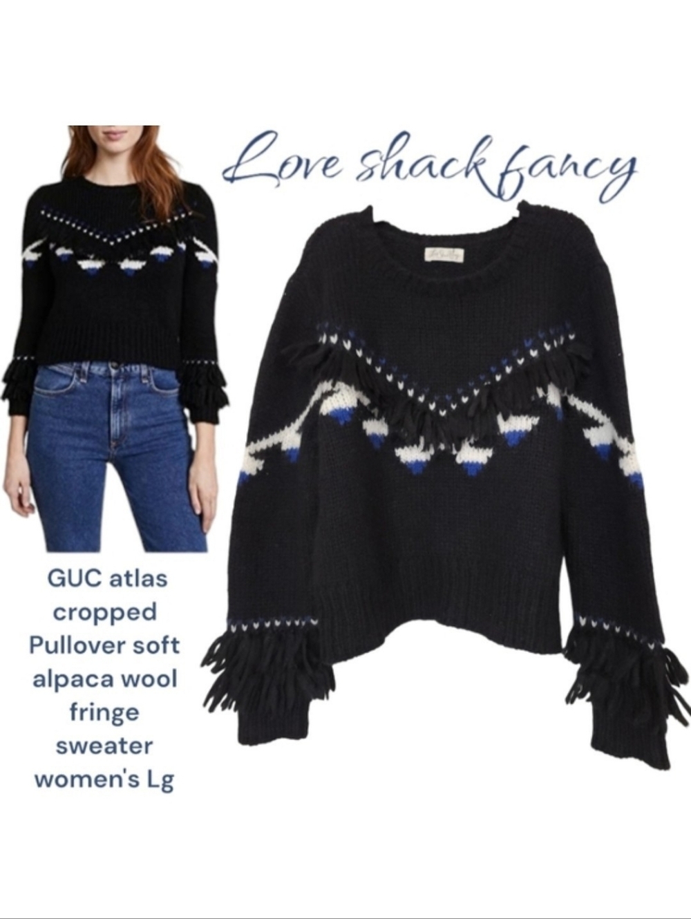 Love shack fancy Women atlas cropped Pullover Black Fringe Sweater alpaca wool L
